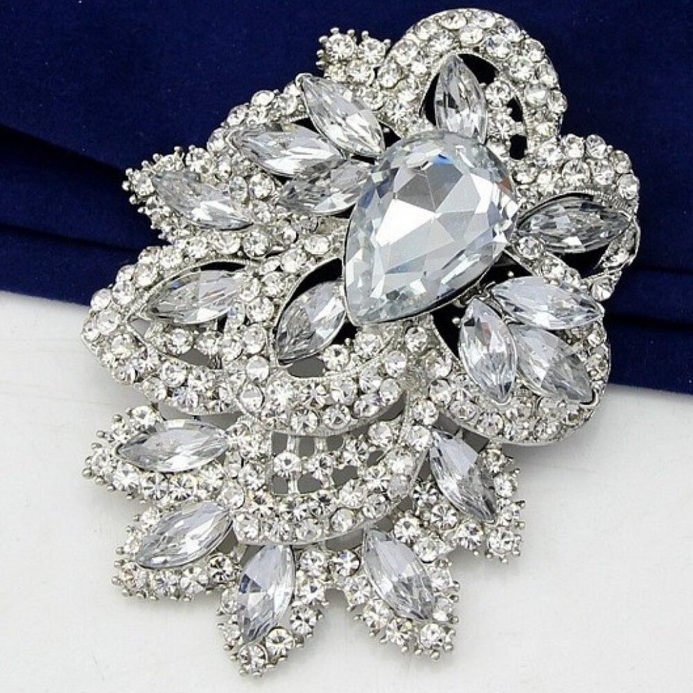 Crystal Rhinestone Brooch, Dress Pin Sash, Large Broach, Silver Crystal